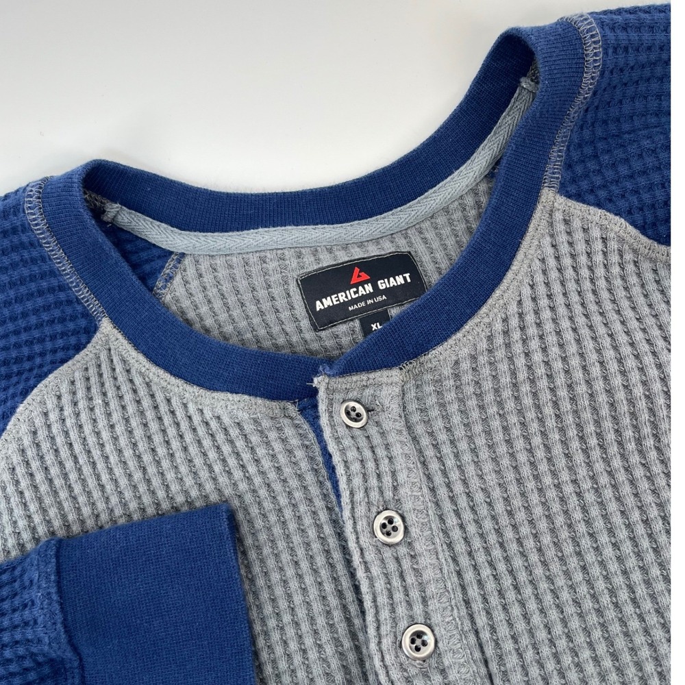 American Giant Henley Shirt Mens XL Grey Blue Waffle Knit Raglan Long Sleeve
